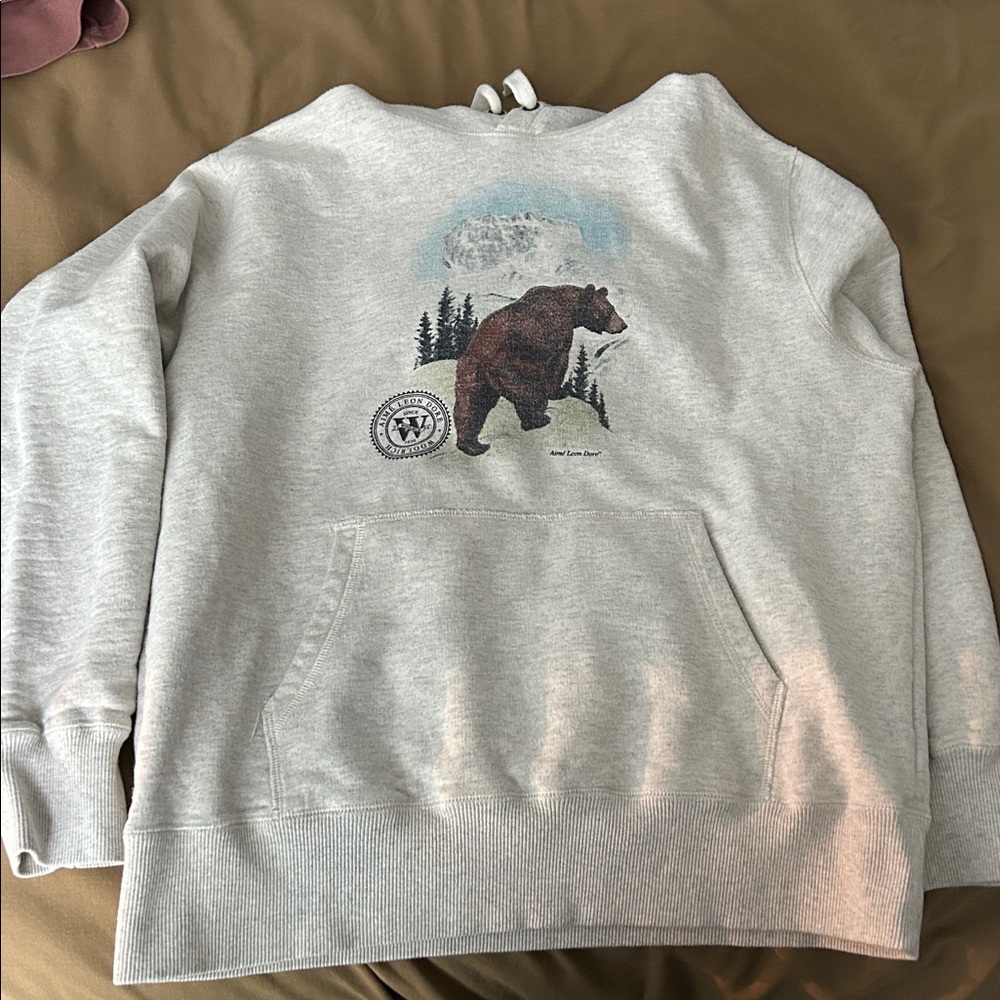 Aime Leon Dore X Woolrich Hoodie Gray with Bear and Mountain Print Men’s Large